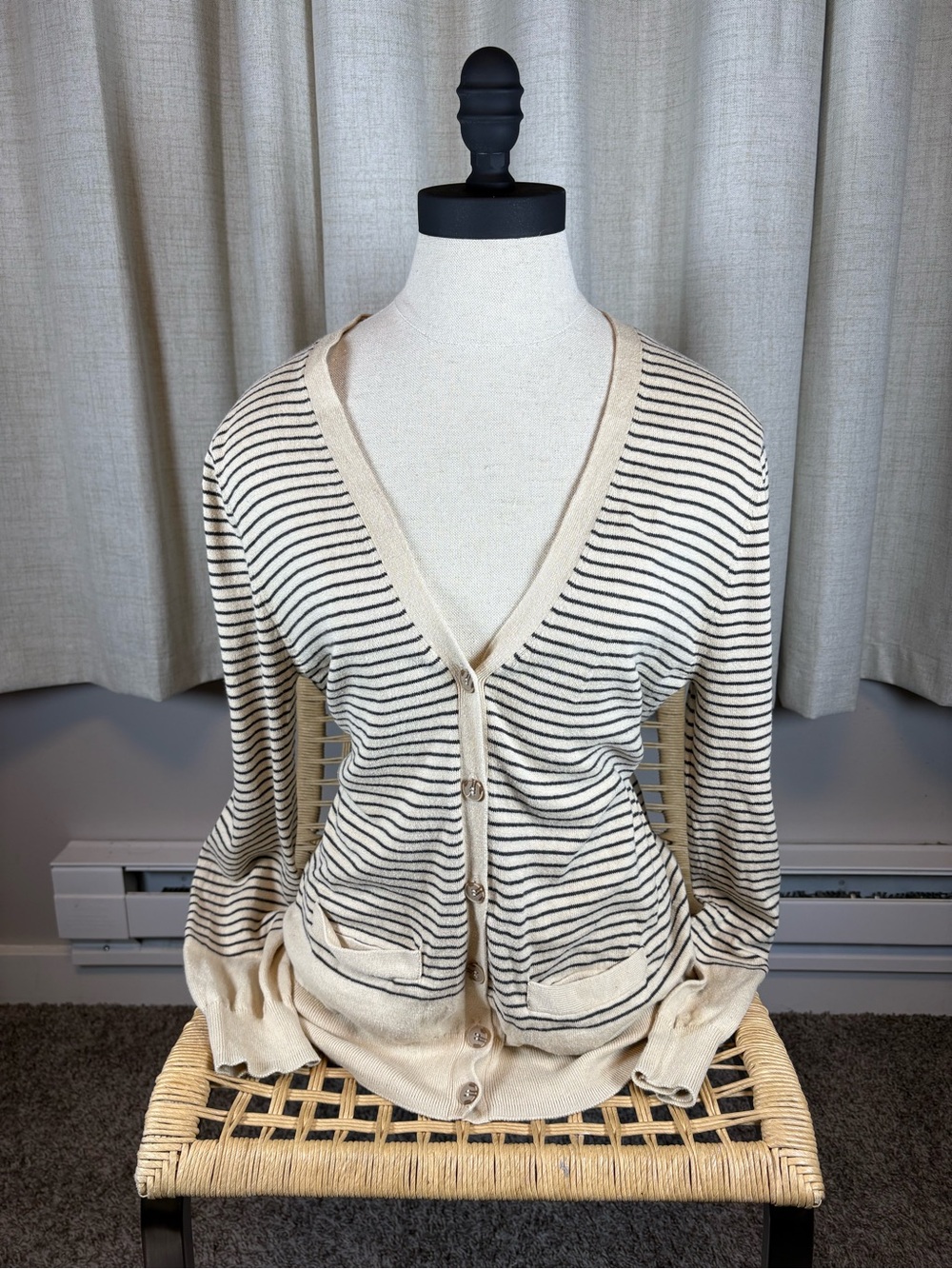 Adam Levine Collection Beige and Black Striped V-Neck Cardigan
